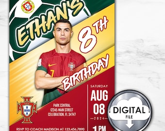 Invitación de cumpleaños de Cristiano Ronaldo, fiesta de fútbol de Portugal (imprimible digital)