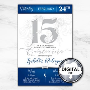 Editable Quinceañera Princess Birthday Digital Printable Invitation Royal Blue White Floral Elegant 6Q4T8