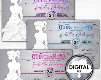 Op de afbeelding: Een digitaal bestand voor een Quinceañera-uitnodiging. De uitnodiging toont een wit silhouet van een meisje in een jurk met een bloemenpatroon. De tekst op de uitnodiging luidt "Quinceañera" in roze en paarse letters, "Isabella Rodriguez" in paarse letters en "Zaterdag, 24 februari 2024".