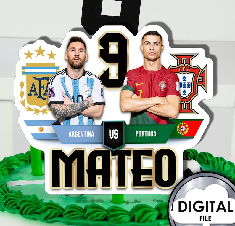 Personalized Soccer Birthday Cake Topper, Messi vs Ronaldo (Digital Printable) image 1