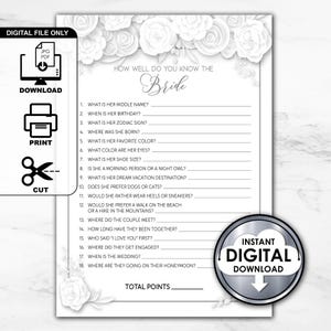 Bridal Shower Game Printable, Who Knows The Bride Best, How Well Do You Know The Bride, Bridal Trivia, Instant Download Editable Template
