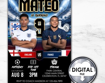 May include: A digital invitation for a soccer-themed birthday party for a boy turning nine. The invitation features a photo of two soccer players, one in an England jersey and the other in a France jersey. The invitation includes the name Mateo, the age 9, the date and time of the party, the location, and the RSVP information.
