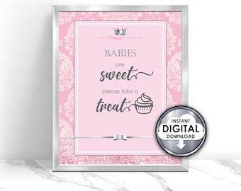 A Little Princess Baby Shower Table Sign Tent Card Desserts Treats Pink Silver Glitter Damask 8x10 - Instant Download 35R903