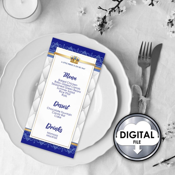 Editable Printable A Little Prince Baby Shower Digital Menu Program Royal Blue Gold Size 4x8 ZM3ZTC