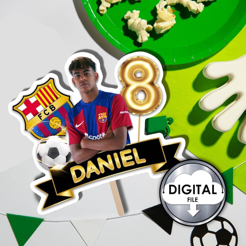 May include: A digital file for a cake topper featuring a soccer player wearing a red and blue jersey with the FC Barcelona logo. The topper also includes a gold number 8, a soccer ball, and a black banner with the name "DANIEL".
