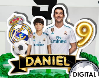 Decoración para tarta de cumpleaños de Cristiano Ronaldo, fútbol, personalizada, con foto, nombre y edad, imprimible digitalmente, 1T30D, Portugal CR7