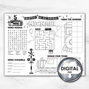 May include: Black and white printable activity sheet for a 5 year old birthday party. The sheet features a train theme with a word search, maze, word scramble, and a section to design a train. The sheet includes the name "Michael" and the text "Happy Birthday".