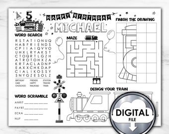 Train Printable Activity And Coloring Pages, Personalized Placemat, Train Birthday, Printable Template, Steam Engine Choo Choo Digital NTCT5