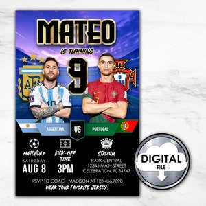 Customized Soccer Football Portugal Ronaldo Messi Portugal Argentina Birthday Party Invitation Invite Digital Printable 4WLTZ6 Kids Party