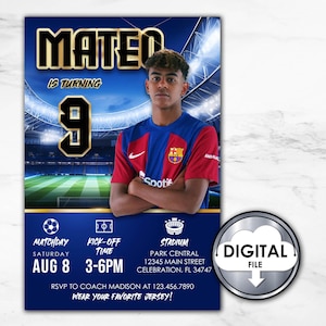 Invito personalizzato per festa di compleanno a forma di pallone da calcio Lamine Yamal, stampabile digitale, 1T30D, festa di calcio per bambini P84LY