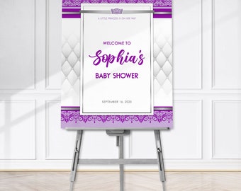 A Little Princess Baby Shower Editable Printable Welcome Sign DIY Purple Lavender Silver Gray QYN15
