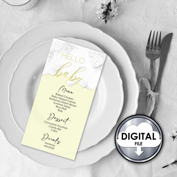 Editable Baby Shower Digital Menu Program Modern Simple Floral Elegant White Gray Yellow Y6TPL