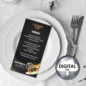 Programme de menu de fête d'anniversaire d'étape importante de Style Vegas de poker de casino numérique modifiable imprimable noir or Las Vegas ZY2M5