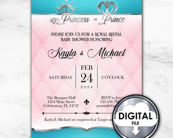 Puede incluir: Una invitación de baby shower rosa y azul con una corona plateada y el texto "Princesa o Príncipe". La invitación es para la baby shower de Kayla y Michael el 24 de febrero de 2024 a las 2 en punto. La invitación también incluye la ubicación del evento y la información de RSVP.