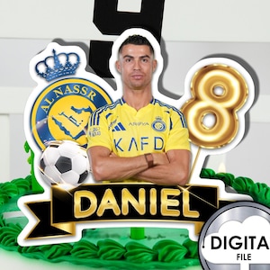 Decorazione per torta di compleanno personalizzata con pallone da calcio Cristiano Ronaldo con nome ed età stampabile digitale 1T30D festa per bambini CR7 blu
