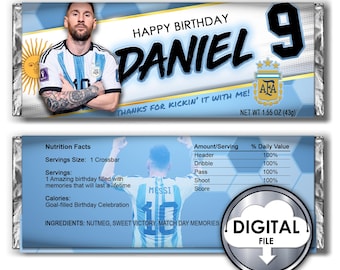 May include: A blue and white candy bar wrapper with a soccer player image and the text "HAPPY BIRTHDAY DANIEL 9 THANKS FOR KICKIN' IT WITH ME! NET WT 1.55 OZ (43g)"