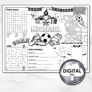 Pagine da colorare e stampare con attività di calcio modificabili, tovagliette personalizzate, bomboniere fai da te 4WLTZ6