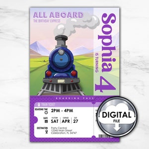 Bearbeitbare Choo Choo Zug Express Ticket Geburtstagseinladung Digital XKBJ2