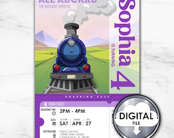 Editable Choo Choo Train Express Ticket Birthday Invitation Digital XKBJ2