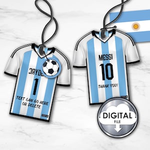 Tag modificabili per bomboniere di compleanno per feste di calcio Argentina Messi, personalizzati, tag stampabili per maglie, squadra di calcio, download istantaneo fai da te
