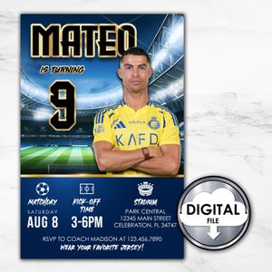 Customized Soccer Football Portugal Cristiano Ronaldo Birthday Party Invitation Invite Digital Printable 1T30D Kids Party Blue Yellow CR7