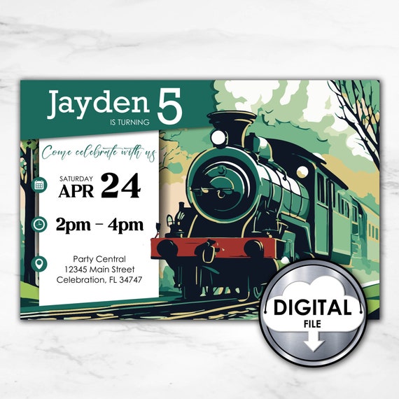 Editable Choo Choo Steam Train Express Birthday Invitation Green