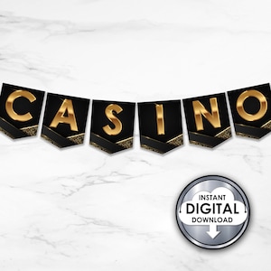Casino Poker Vegas stijl mijlpaal verjaardag afdrukbare alfabet banner set, letters A tot Z, cijfers DIY Instant Download zwart goud ZY2M5