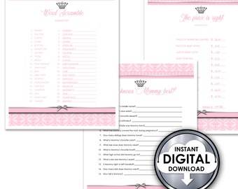 A Little Princess Royal Baby Shower Printable Games Pink Silver Gray Damask - Instant Download AU70L8