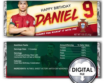 Spersonalizowane opakowanie na batonik urodzinowy z motywem piłki nożnej Ronaldo (do druku cyfrowego)