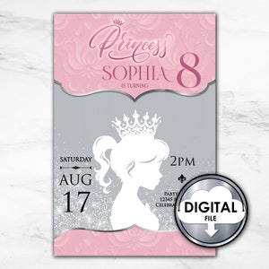 Editable Princess Birthday Digital Printable Invitation Pink Silver Sparkle Tiara 9J8UC