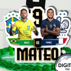 Decorazione per torta di compleanno personalizzata con nome, età, Neymar Mbappe, Brasile, Francia, stampabile digitale 4WLTZ6