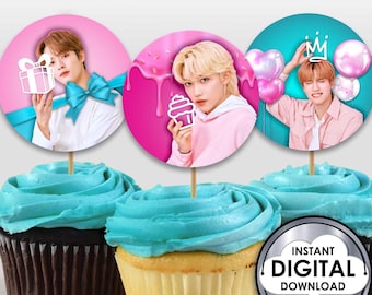 DIY Kpop Stray Kids Birthday Cupcake Cake Decoration Topper Instant Digital Download Printable Customizable A5WC5 Kids Party