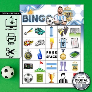 Printable Soccer Bingo Cards, football futbol soccer party game activity, Argentina Messi PDF instant digital download party games 6Q2C8