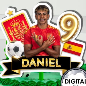 Decorazione per torta di compleanno personalizzata con pallone da calcio Lamine Yamal Spagna con nome ed età Stampabile digitale 1T30D Festa per bambini P84LY