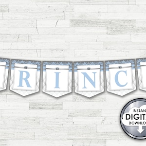 A Little Prince Baby Shower Printable Alphabet Banner Set, Letters A to Z, Numbers DIY Baby Blue Silver Gray-Digital Instant Download B8LV4N