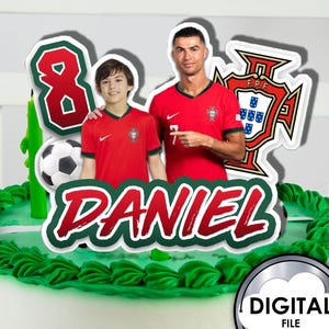 Gepersonaliseerde voetbal Cristiano Ronaldo verjaardagstaart decoratie topper met foto, naam, leeftijd digitale afdrukbare 1T30D kinderfeestje CR7