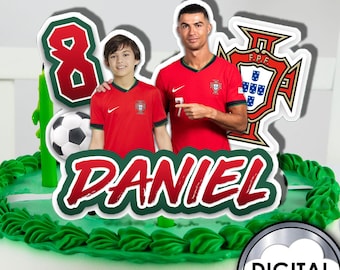 Personalized Soccer Football Cristiano Ronaldo Birthday Cake Decoration Topper with photo, name, age Digital Printable 1T30D Kids Party CR7