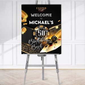 Casino poker vegas estilo marco aniversário sinal de boas-vindas diy digital editável para impressão ouro preto zy2m5