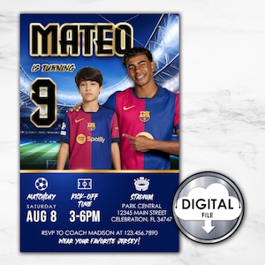 Convite personalizado para festa de aniversário de futebol e futebol Yamal com foto Digital Printable 1T30D Kids Futbol Party P84LY