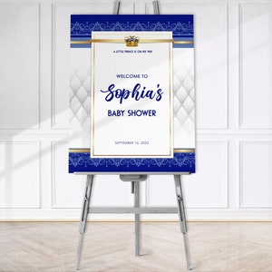 Bearbeitbares Ein kleiner Prinz Baby Shower Printable Willkommensschild Royal Blau Gold ZM3ZTC