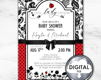 Editable A Cute Little Ladybug Baby Shower Digital Printable Invitation Red Black ECT8HC