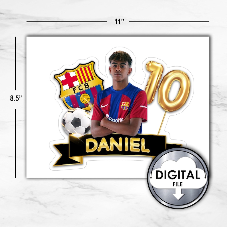 May include: A digital file for a printable cake topper featuring a soccer player wearing a red and blue jersey with the FC Barcelona logo. The player is holding a soccer ball and there is a gold number 10 balloon. The topper also includes the name "DANIEL" in gold letters.