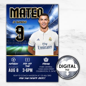 Customized Soccer Football Portugal Cristiano Ronaldo Birthday Party Invitation Invite Digital Printable 1T30D Kids Party Blue White CR7