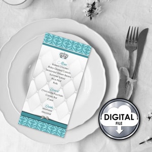 Bearbeitbare druckbare Ein kleiner Prinz Baby-Dusche-Digital-Menü-Programm Teal Blau Grün Grau Größe 4x8 K75KWY
