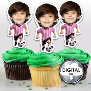 Personalized Soccer Football Argentina Messi Birthday Cartoon cupcake decoration Topper photo Digital Printable Customizable 6Q2C8 Pink