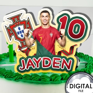 Topper personalizzato per decorazione torta di compleanno di Cristiano Ronaldo, calcio, calcio, con nome ed età, stampabile digitale 1T30D, festa per bambini CR7