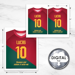 May include: Printable soccer jersey favor tags with the name Lucas and the number 10 in yellow. The jersey is red and green with the text "Thanks for kickin it with me". The tags are 5 inches wide and 7.5 inches tall.