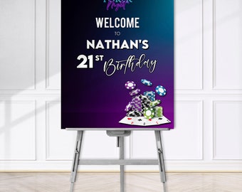 May include: A purple and blue gradient background with the text "Poker Night" in neon blue letters. The text "Welcome to Nathan's 21st Birthday" is in white letters. A pile of poker chips and playing cards are in the bottom right corner of the image.