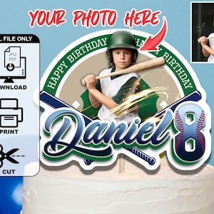 Personalisierte Baseball Kuchen Topper Geburtstag Kuchen Dekoration Topper mit Foto Name und Alter Digital Printable Team Party Thema Digital HT7G1