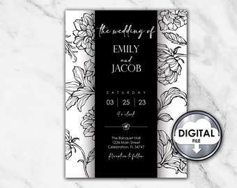 Editable Digital Printable Simple Elegant Wedding Invitation Modern White Black Floral Size 5x7